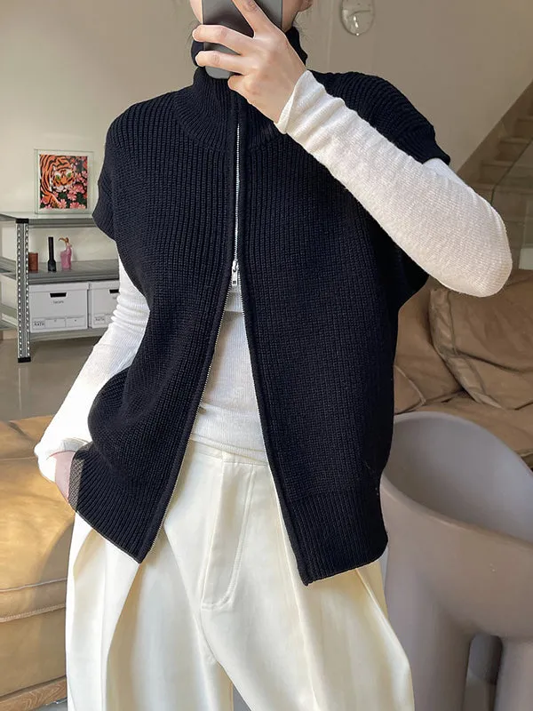 Casual Loose Solid Color Zipper Stand Collar Vest Top