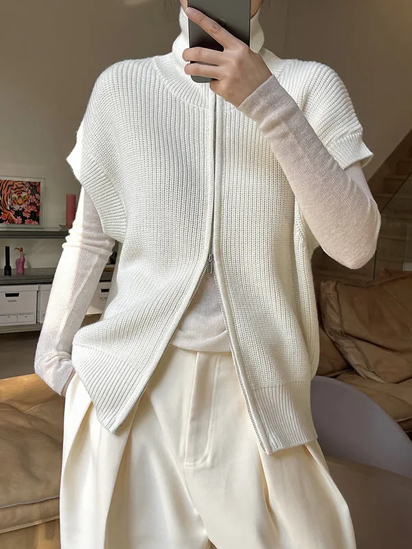 Casual Loose Solid Color Zipper Stand Collar Vest Top