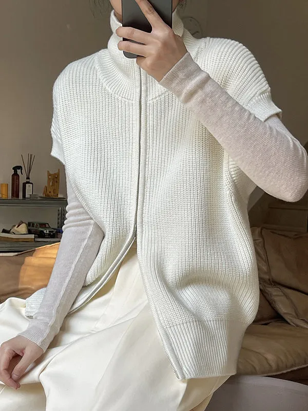 Casual Loose Solid Color Zipper Stand Collar Vest Top