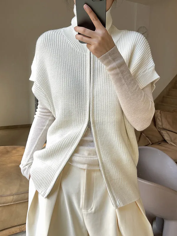 Casual Loose Solid Color Zipper Stand Collar Vest Top