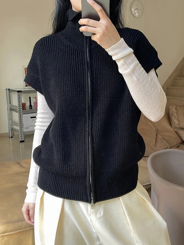 Casual Loose Solid Color Zipper Stand Collar Vest Top