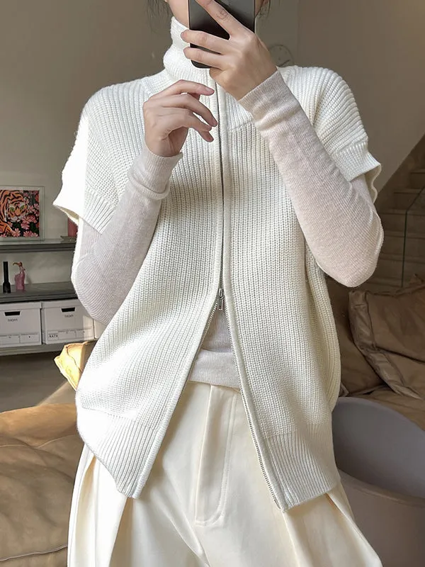 Casual Loose Solid Color Zipper Stand Collar Vest Top