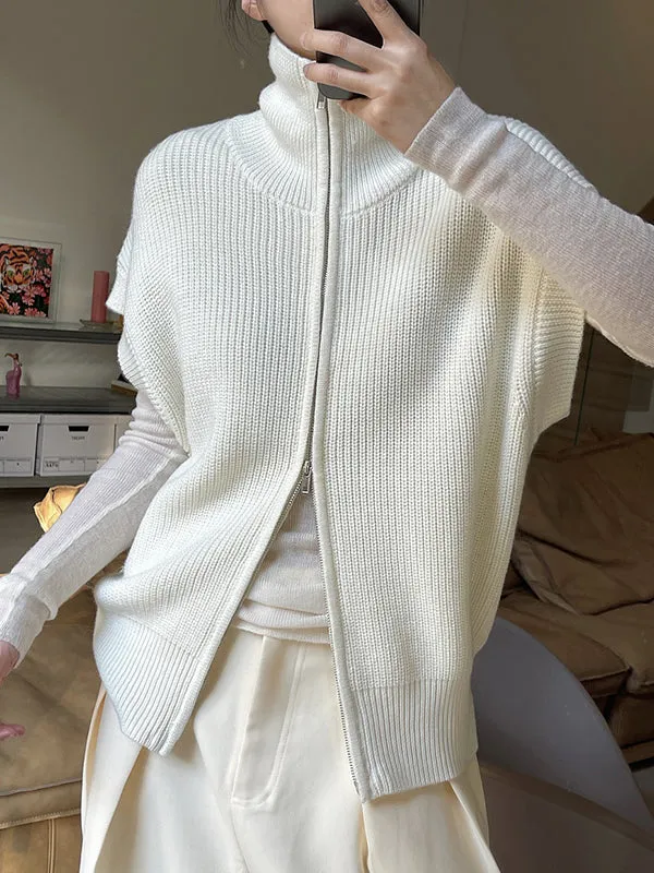 Casual Loose Solid Color Zipper Stand Collar Vest Top