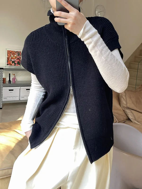 Casual Loose Solid Color Zipper Stand Collar Vest Top