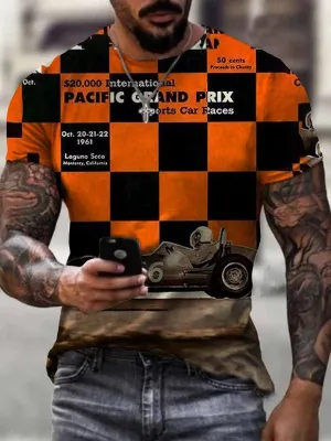 Casual Plaid Hit Color Motorcycle Print T-Shirt