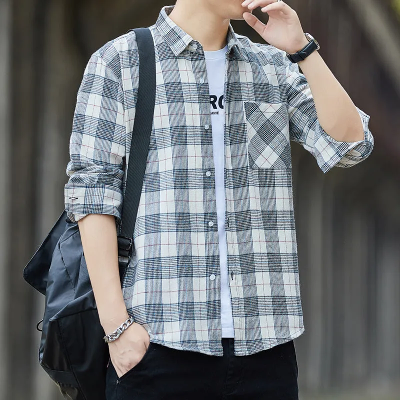 Chequered Long Sleeved Shirt Men Korean Slim Look Trendy Loose Hong Kong Stylish All-Matching Tops Men Shirt