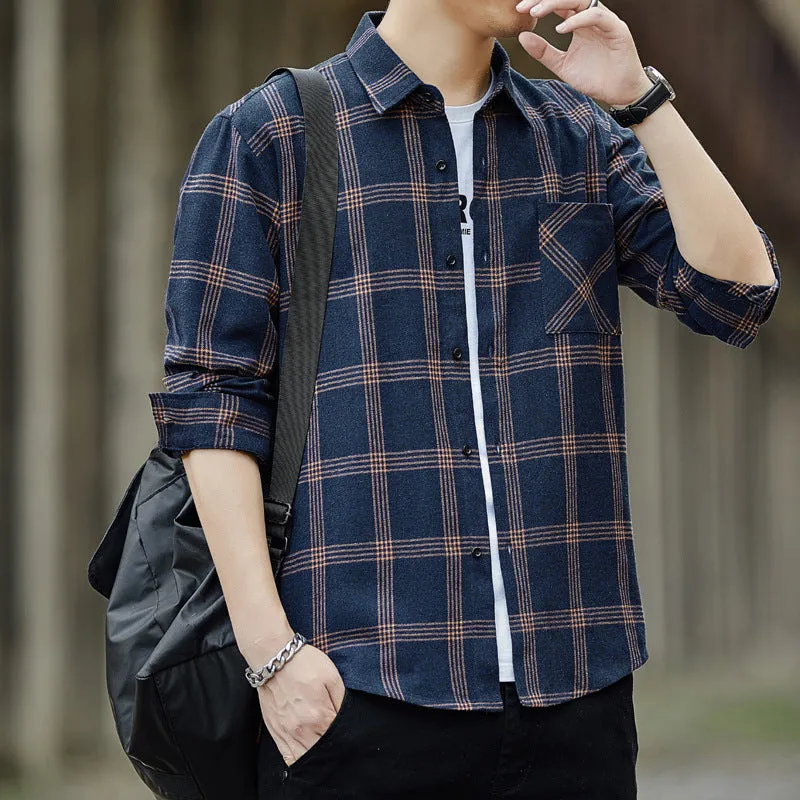 Chequered Long Sleeved Shirt Men Korean Slim Look Trendy Loose Hong Kong Stylish All-Matching Tops Men Shirt
