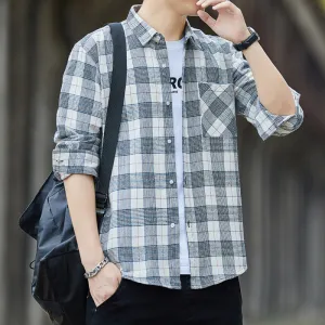 Chequered Long Sleeved Shirt Men Korean Slim Look Trendy Loose Hong Kong Stylish All-Matching Tops Men Shirt