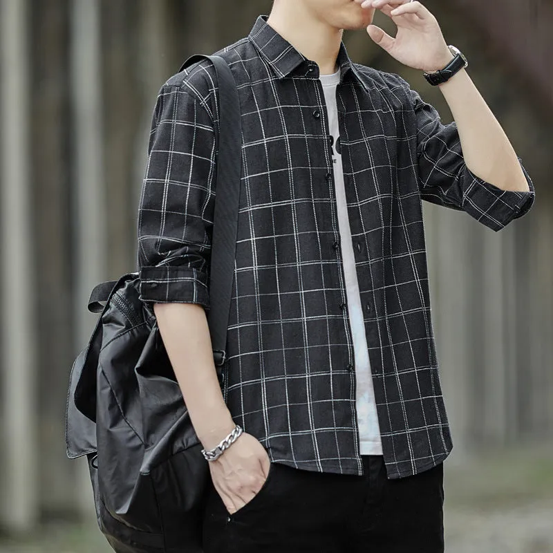 Chequered Long Sleeved Shirt Men Korean Slim Look Trendy Loose Hong Kong Stylish All-Matching Tops Men Shirt