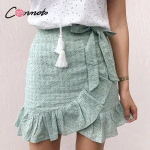 Conmoto Elegant Cotton Mini A line Skirt Solid Ruffled Lace Office