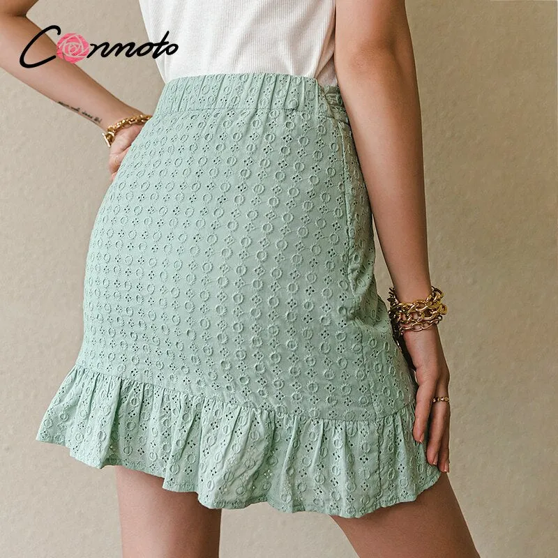 Conmoto Elegant Cotton Mini A line Skirt Solid Ruffled Lace Office