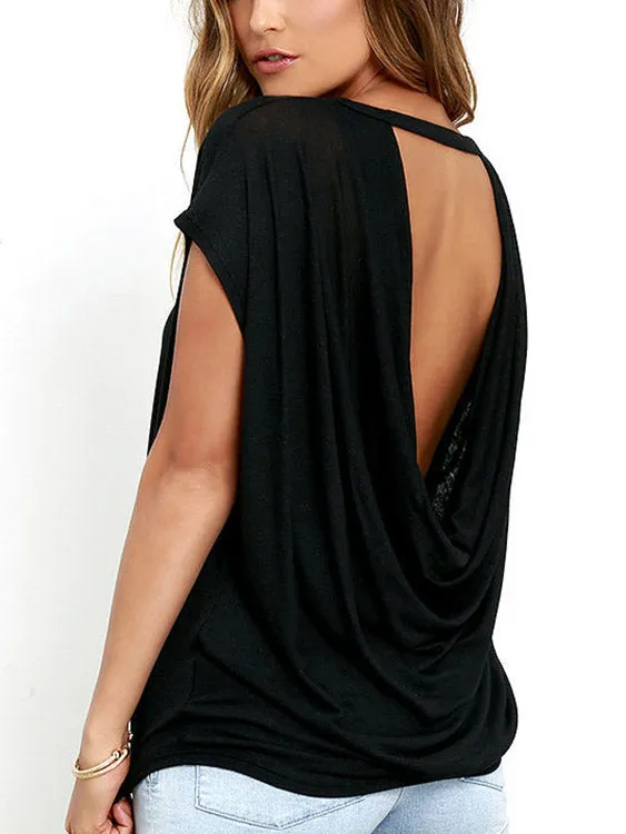 Custom Crew Neck Backless Pleated Short Sleeve Black T-Shirts