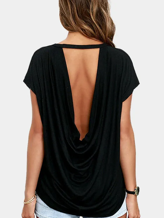 Custom Crew Neck Backless Pleated Short Sleeve Black T-Shirts