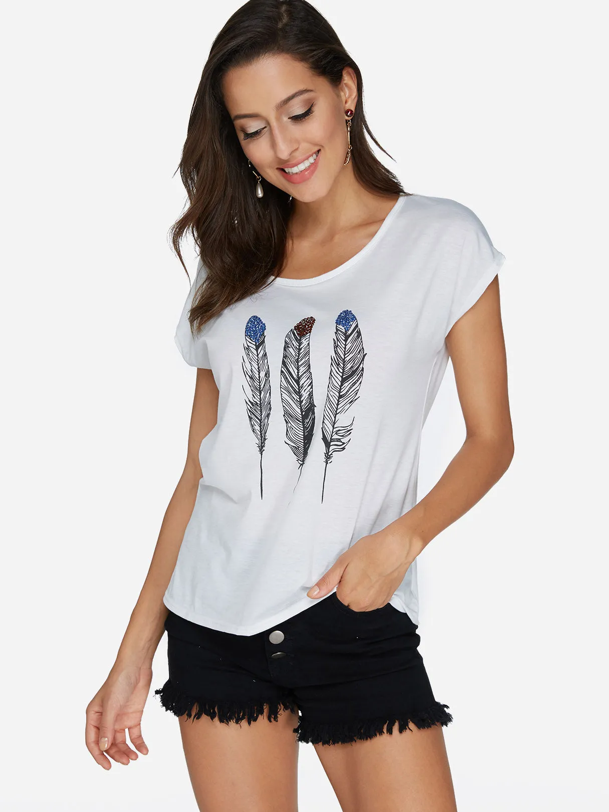 Custom Round Neck Feather Pattern Short Sleeve T-Shirts