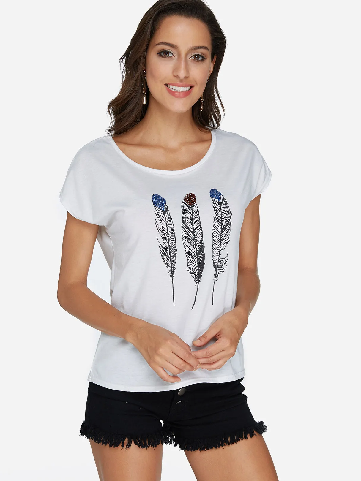Custom Round Neck Feather Pattern Short Sleeve T-Shirts