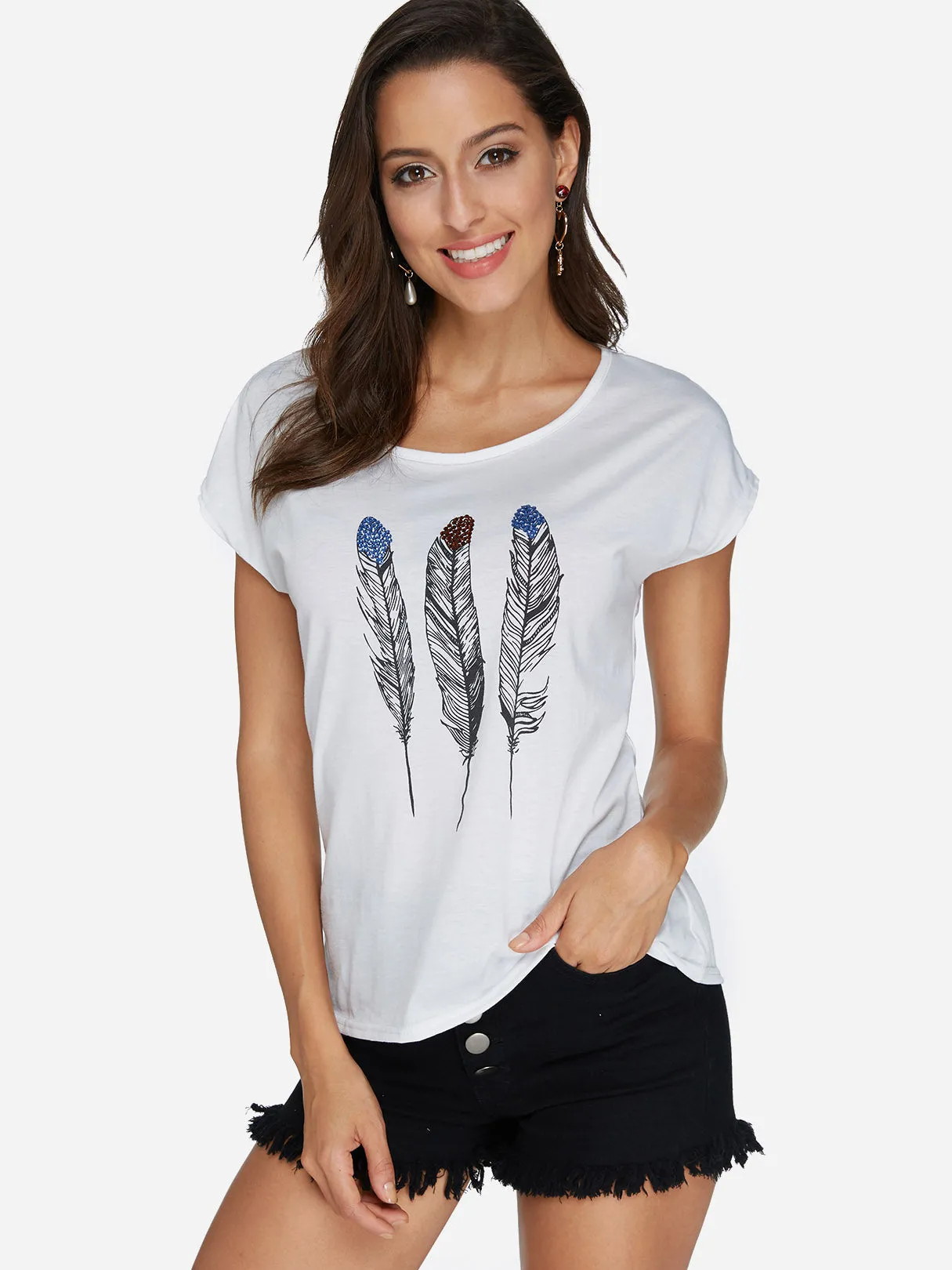 Custom Round Neck Feather Pattern Short Sleeve T-Shirts