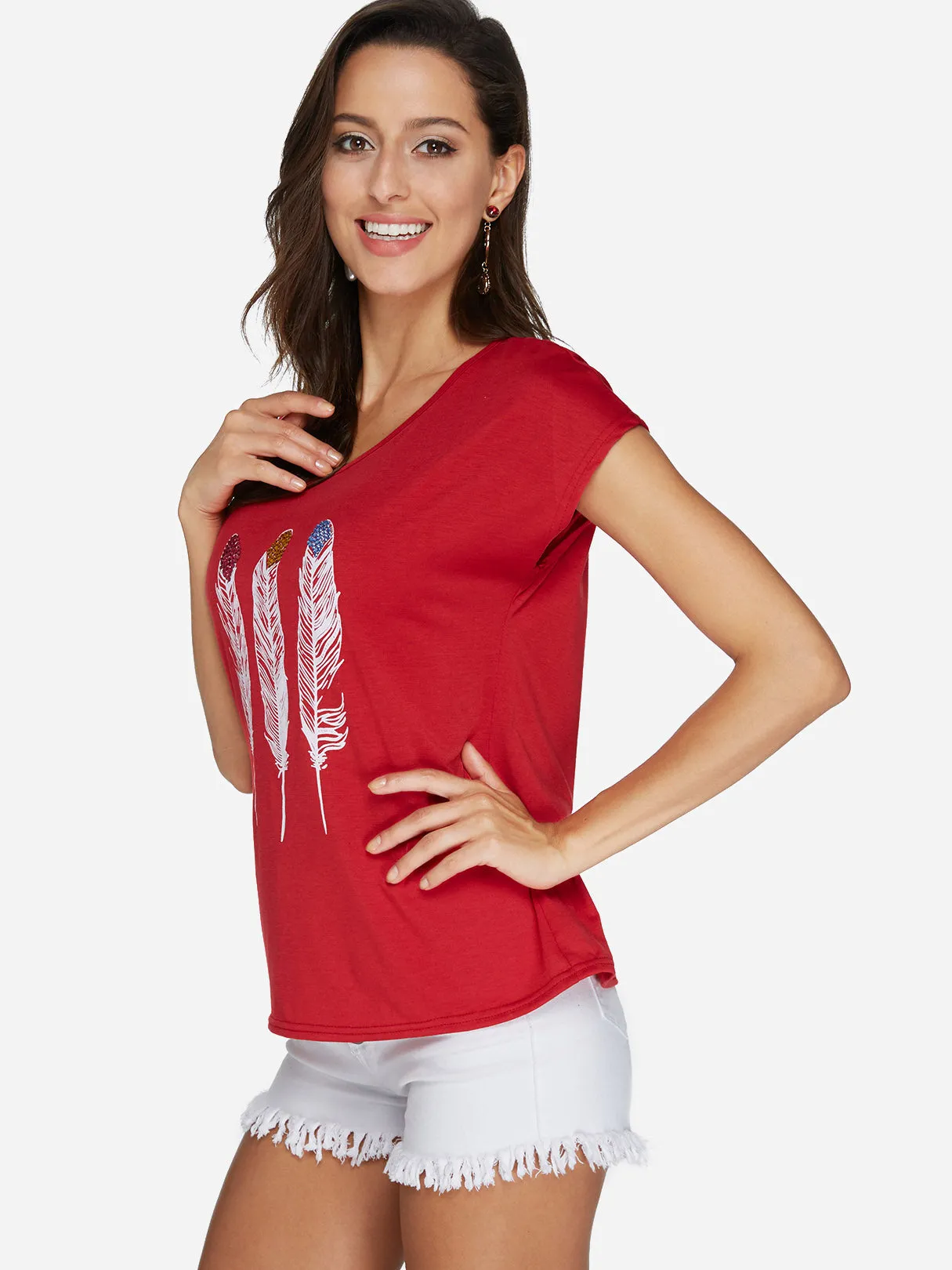 Custom Round Neck Feather Pattern Short Sleeve T-Shirts
