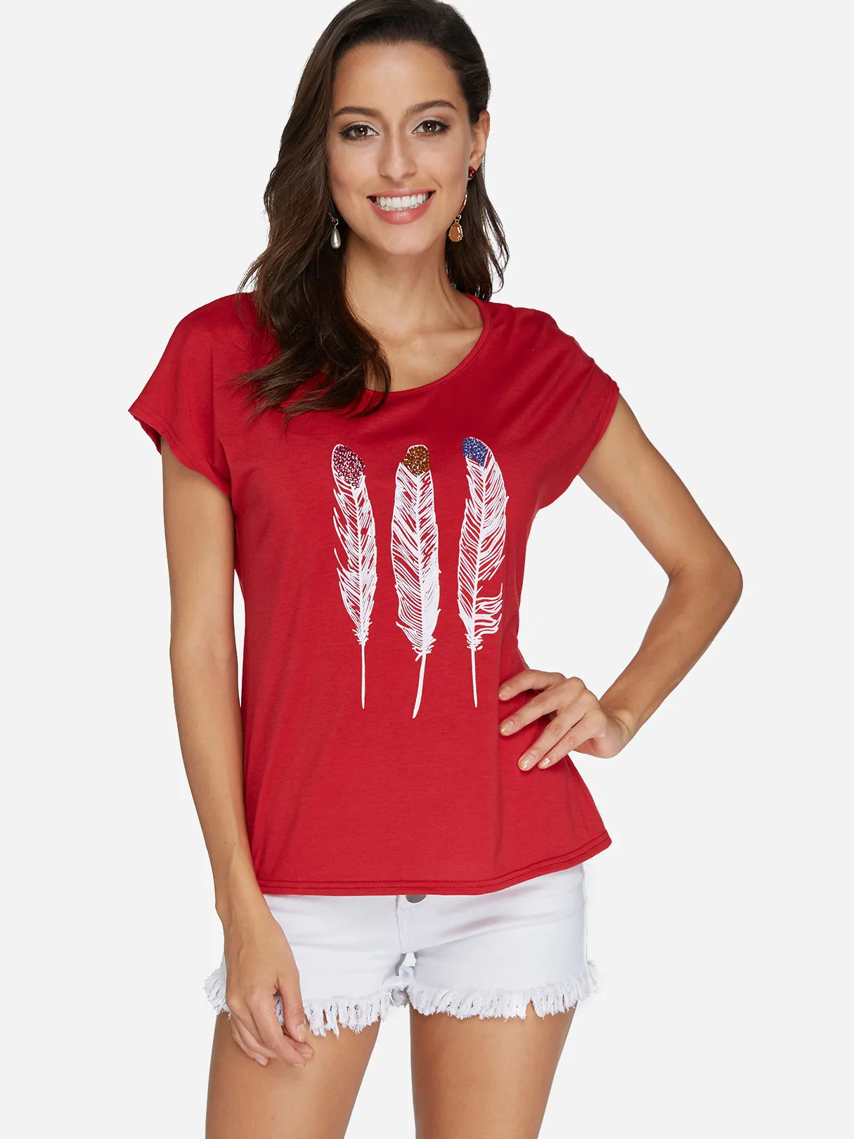 Custom Round Neck Feather Pattern Short Sleeve T-Shirts