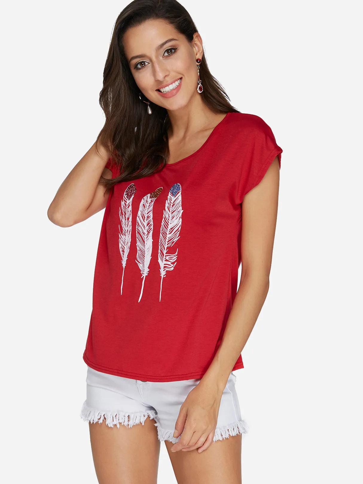 Custom Round Neck Feather Pattern Short Sleeve T-Shirts