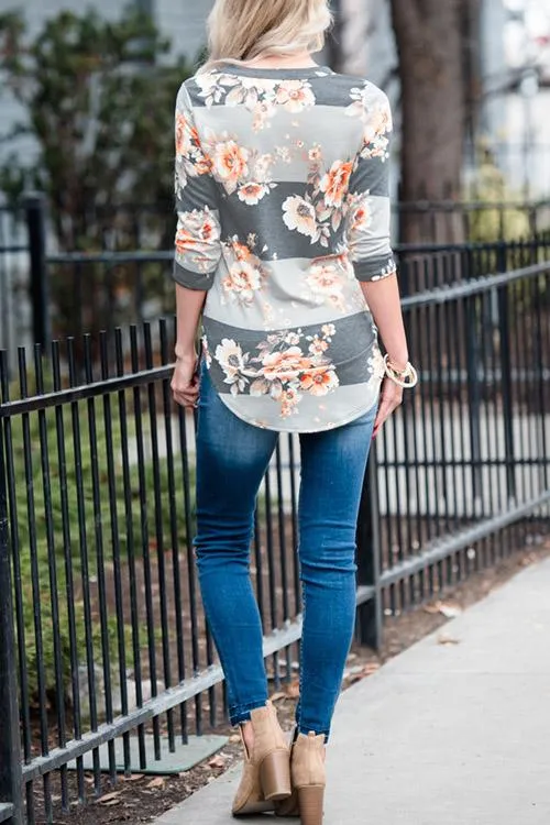 Custom Round Neck Floral Print 3/4 Sleeve Curved Hem T-Shirt