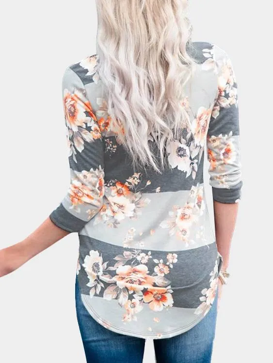 Custom Round Neck Floral Print 3/4 Sleeve Curved Hem T-Shirt