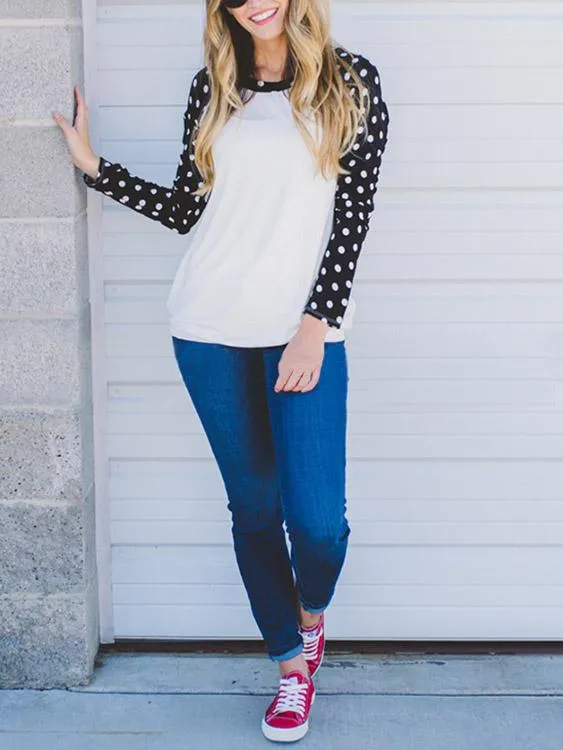 Custom Round Neck Polka Dot Long Sleeve Top