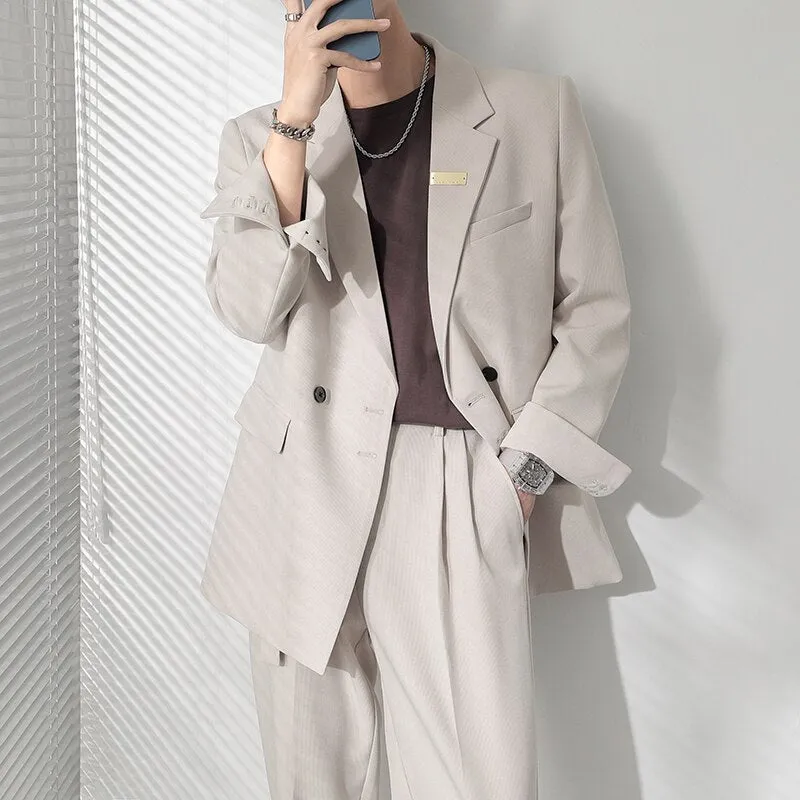 Double Breasted Blazer Men Streetwear Vintage Casual Blazers Korean Fashion Office Dress Suit Jacket Blazer Male Coat Wedding