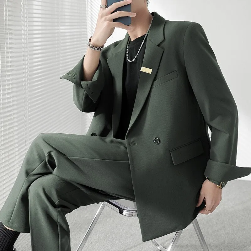 Double Breasted Blazer Men Streetwear Vintage Casual Blazers Korean Fashion Office Dress Suit Jacket Blazer Male Coat Wedding