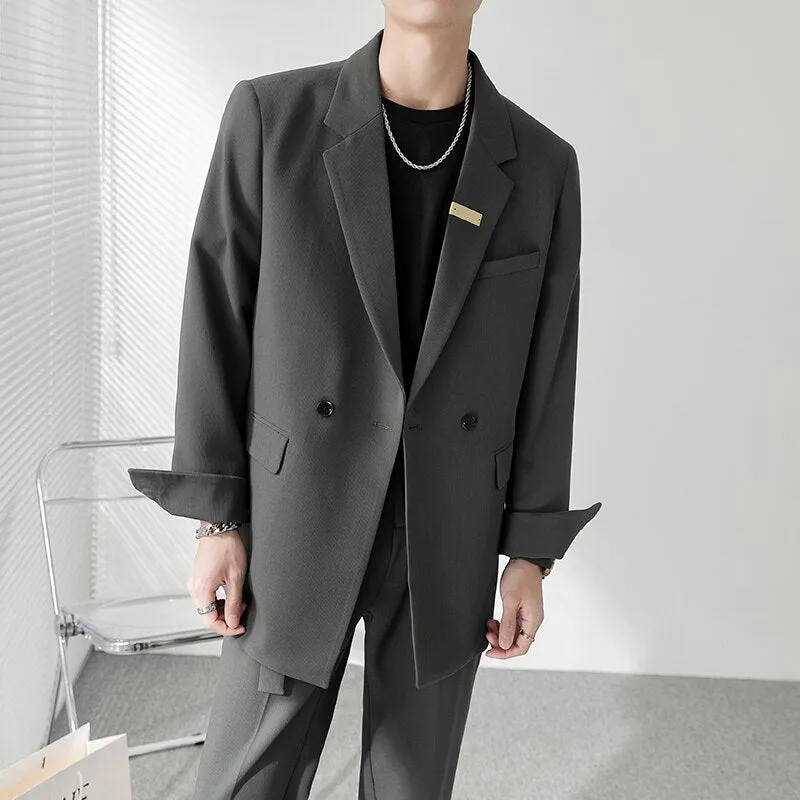 Double Breasted Blazer Men Streetwear Vintage Casual Blazers Korean Fashion Office Dress Suit Jacket Blazer Male Coat Wedding