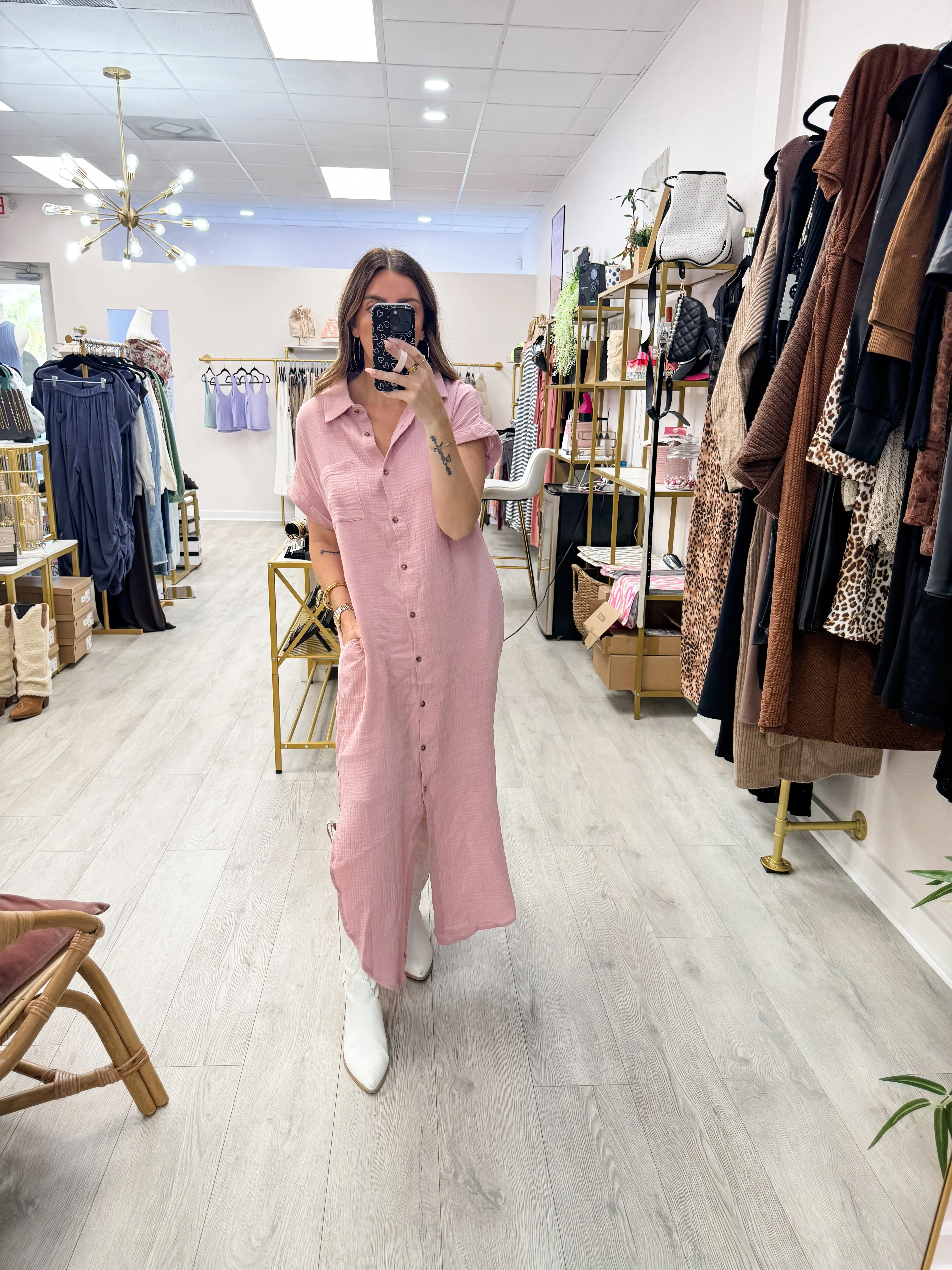 Dusty Pink Button Up Maxi Shirt Dress