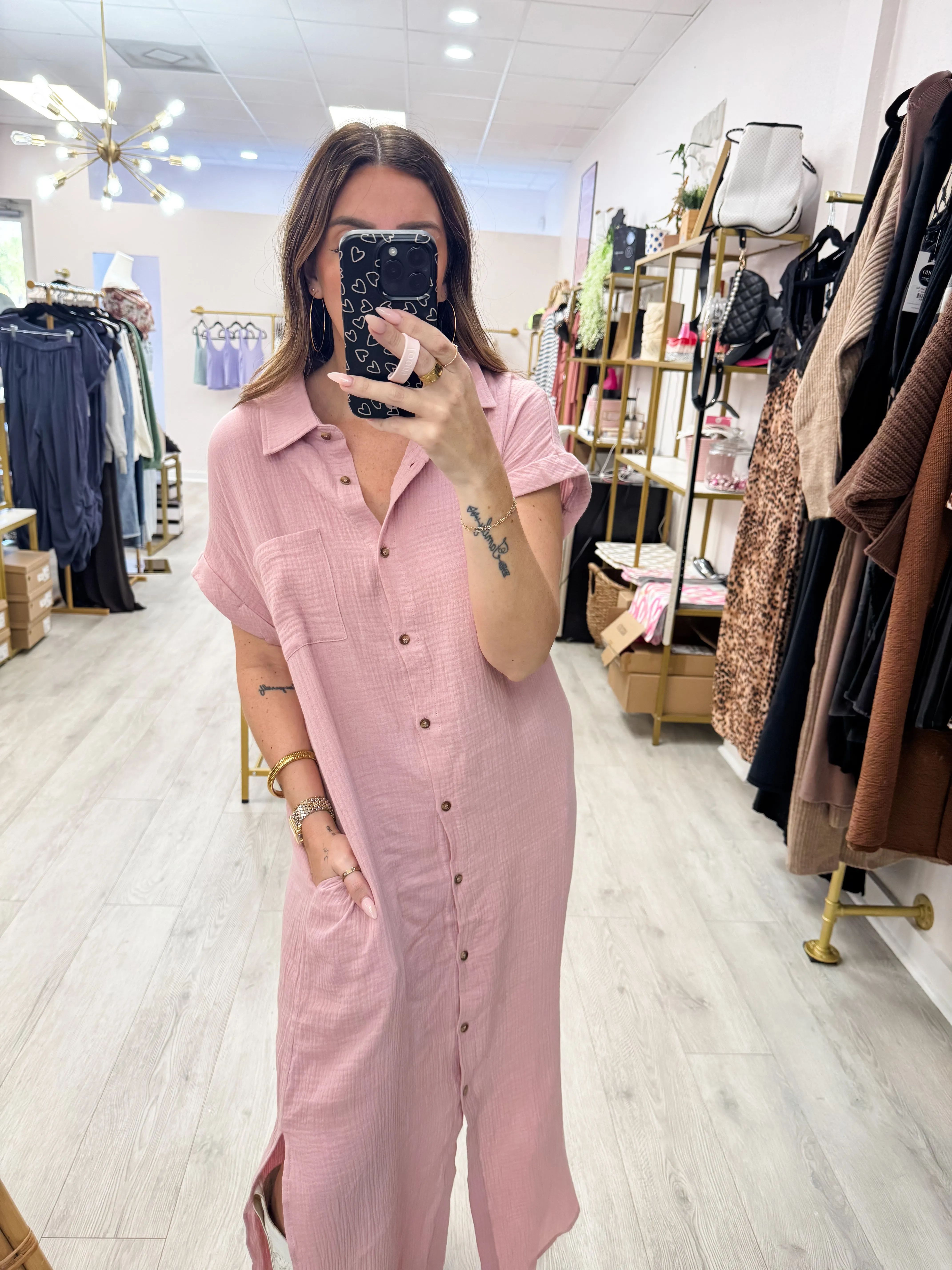 Dusty Pink Button Up Maxi Shirt Dress
