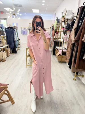 Dusty Pink Button Up Maxi Shirt Dress