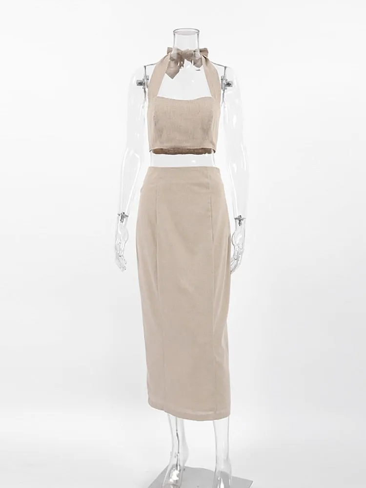 Elegant Cotton Linen Skirts Sets Vacation Bandage Top Women High Waist Split Skirts Summer 2-Piece Skirts Sets