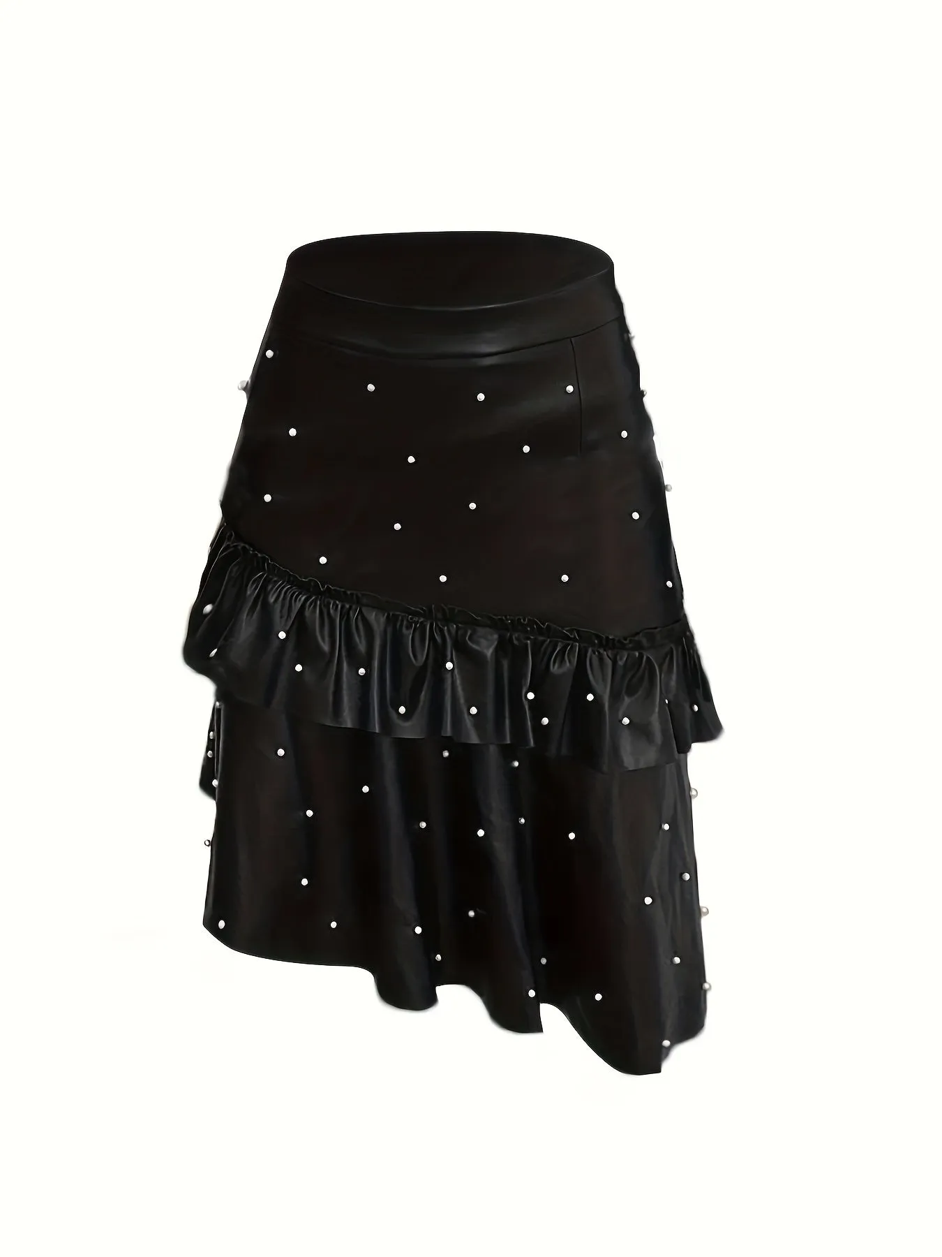 Elegant Pearl Embellished Faux Leather Skirt - Asymmetrical Ruffled Hem, Polyester and Polyurethane Blend, Solid Color, Regular Length, No Belt, Versatile for All Seasons, Regular Fit