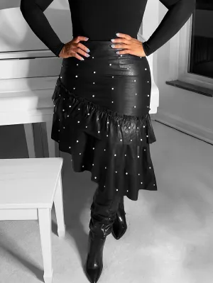 Elegant Pearl Embellished Faux Leather Skirt - Asymmetrical Ruffled Hem, Polyester and Polyurethane Blend, Solid Color, Regular Length, No Belt, Versatile for All Seasons, Regular Fit