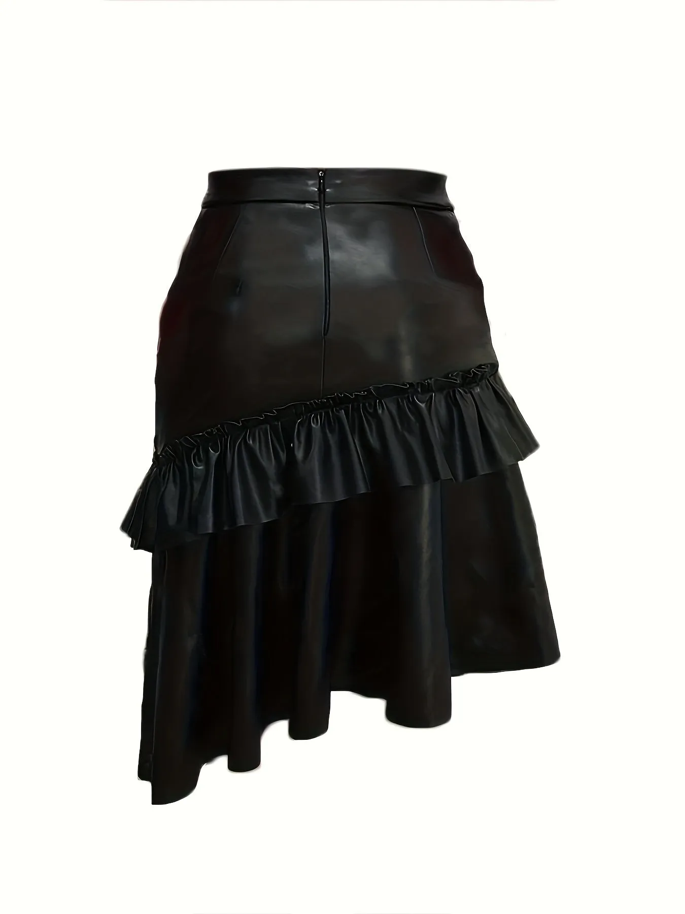 Elegant Pearl Embellished Faux Leather Skirt - Asymmetrical Ruffled Hem, Polyester and Polyurethane Blend, Solid Color, Regular Length, No Belt, Versatile for All Seasons, Regular Fit