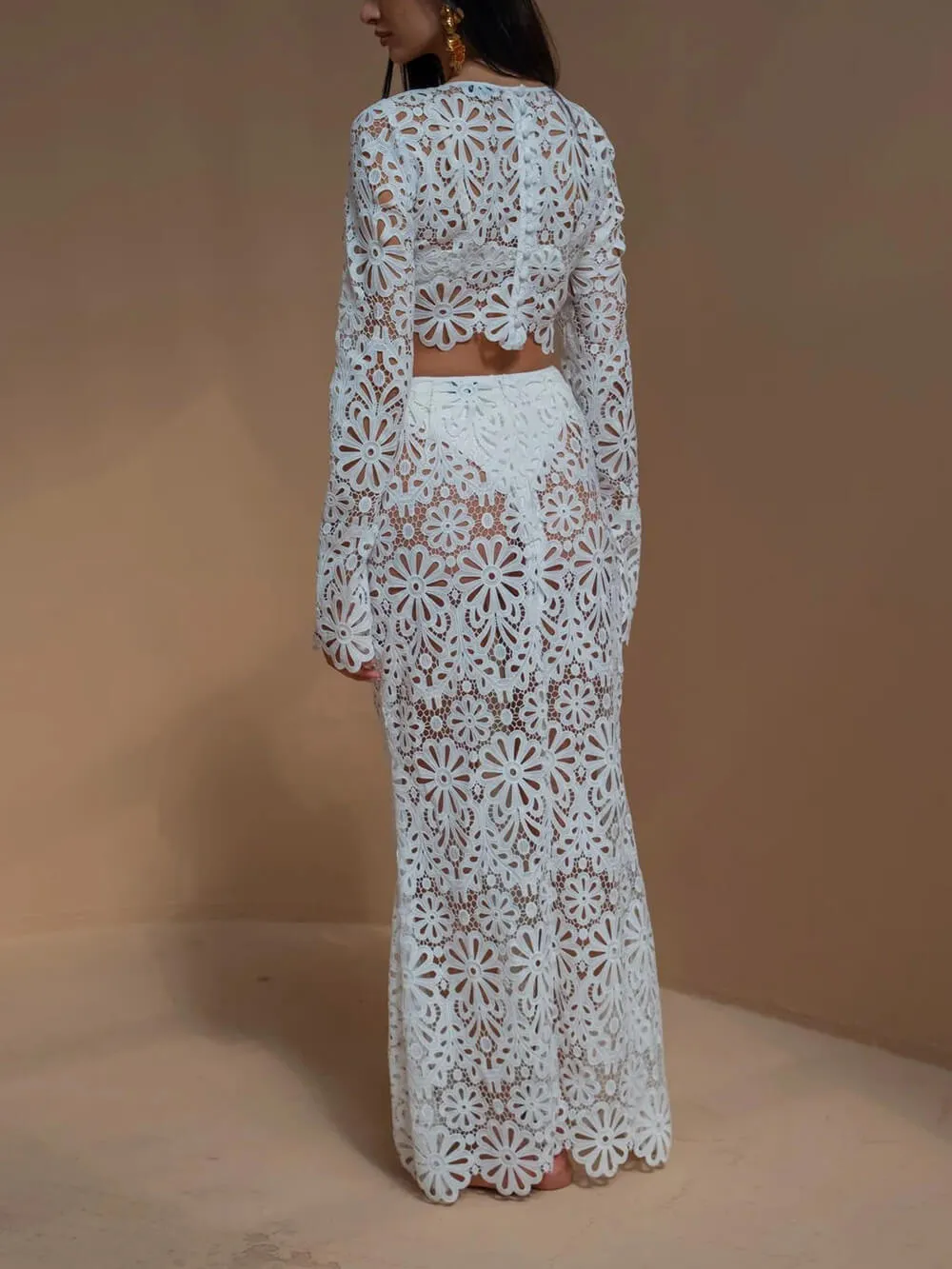 Elegant Slim Cutout Lace Top   Half-body Skirts Set