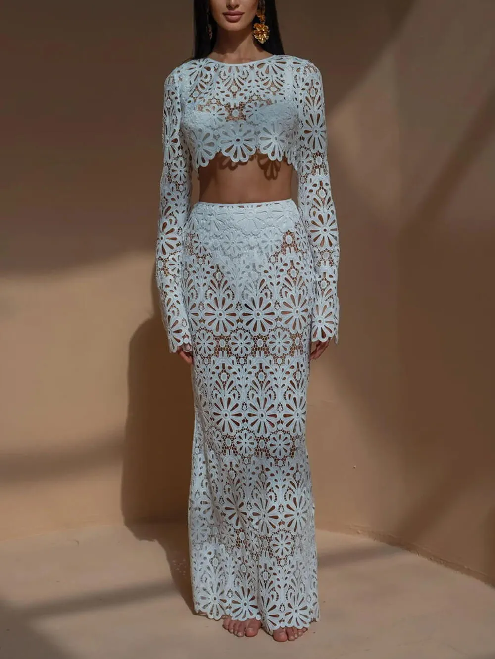 Elegant Slim Cutout Lace Top   Half-body Skirts Set