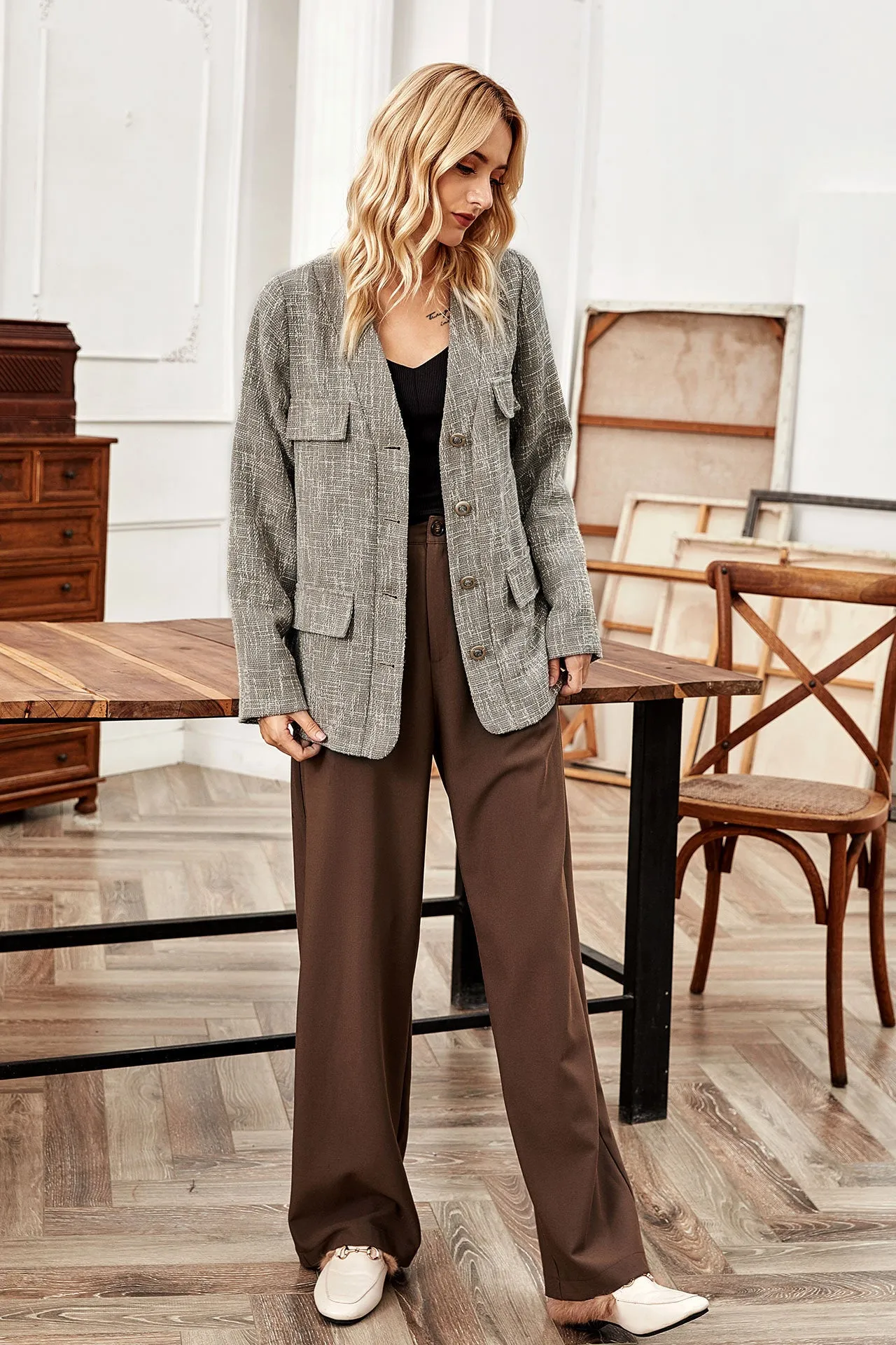 Fashion Woven Fabric Women'S Long Sleeve Single Breasted Loose Wholesale Blazers Business Casual