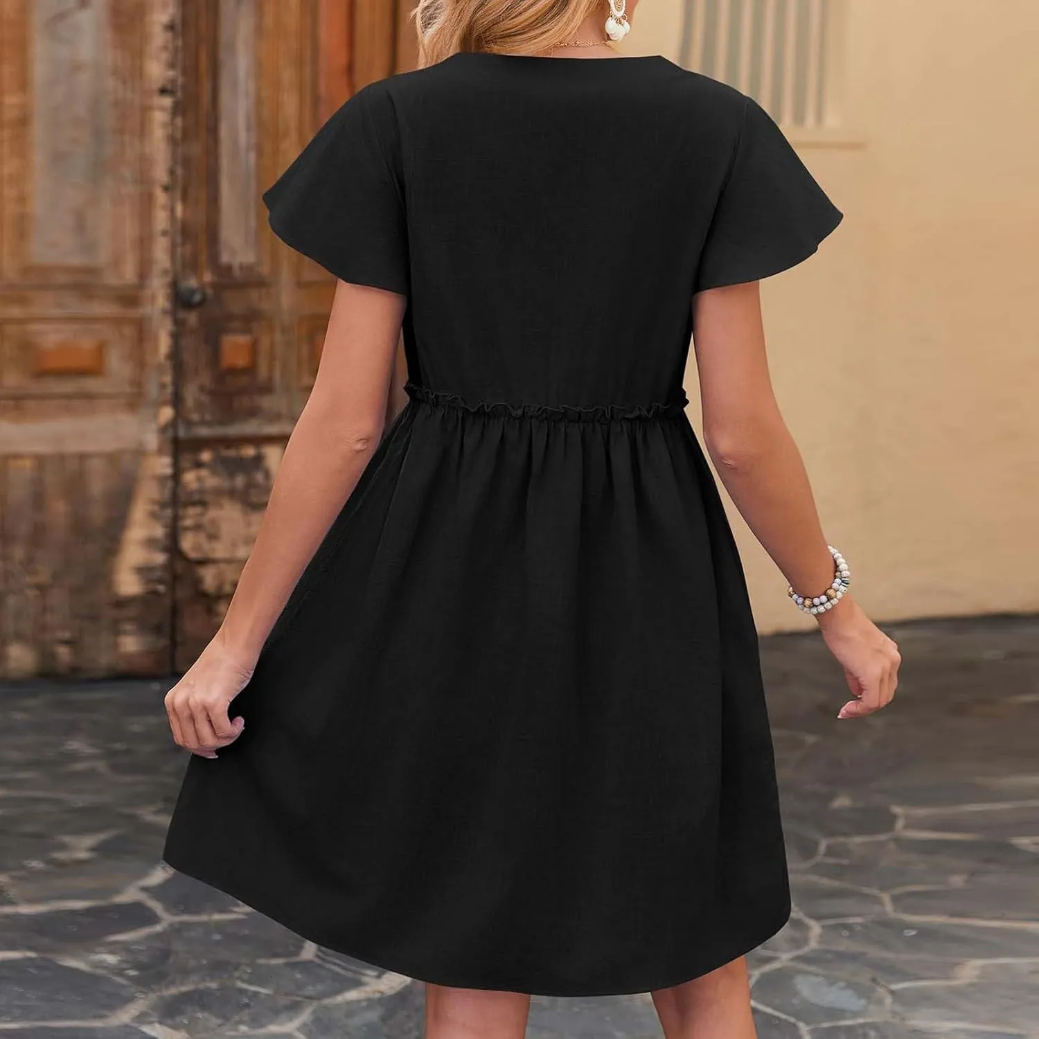 Finelylove Spring Summer Dresses Casual Button Down Shirt Dress Loose A Line Flowy Ruffle Shift Mini Dresses Beach Vacation