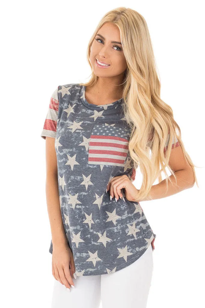 Flag Print Loose Short Sleeves T-shirt