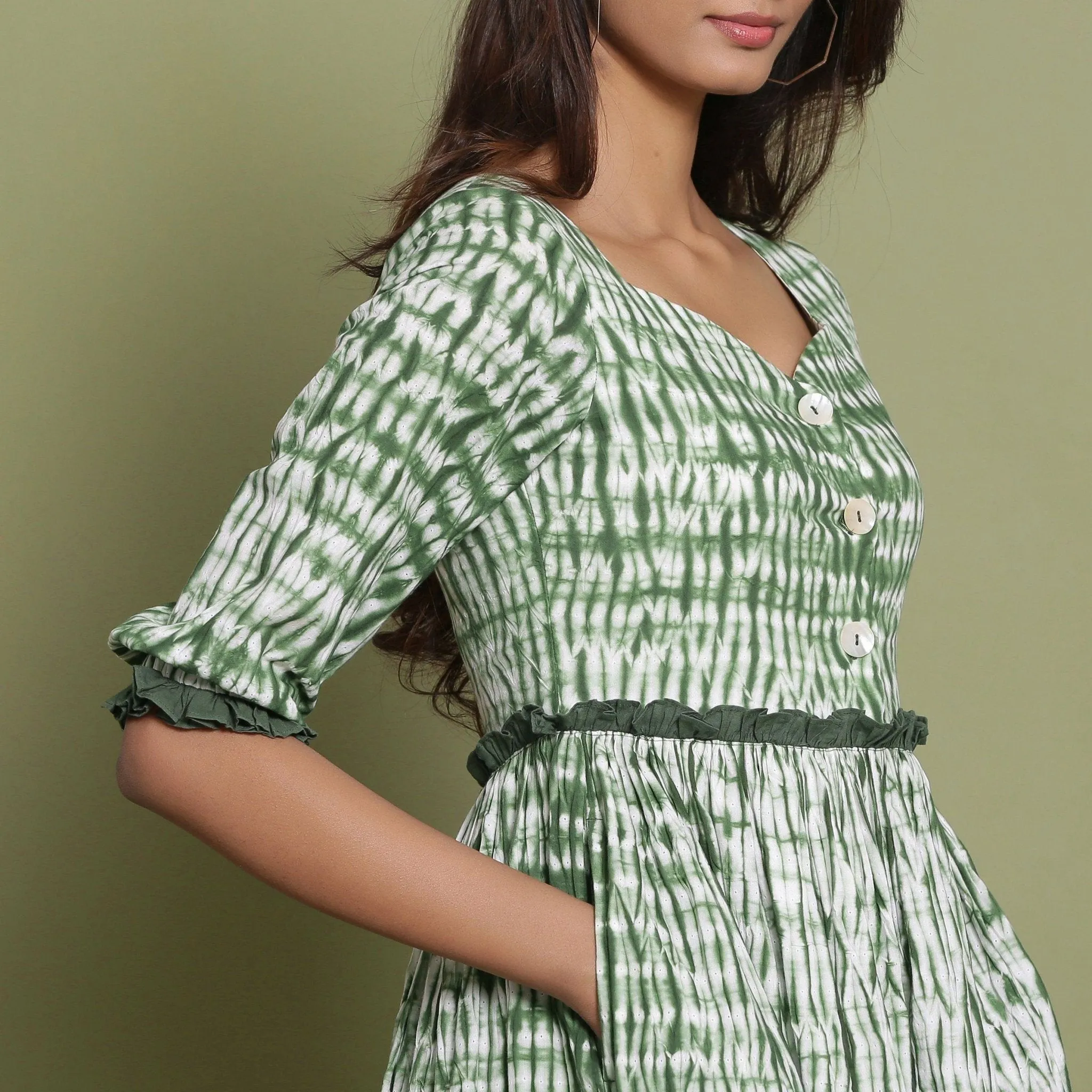 Forest Green Tie-Dye Asymmetrical Cotton Maxi Dress