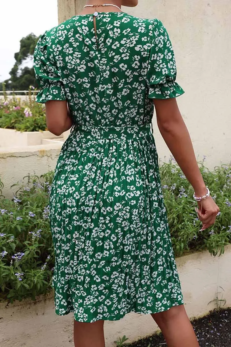 FRORAL TIED WAIST PLEATED PUFF SHOULDER DRESS