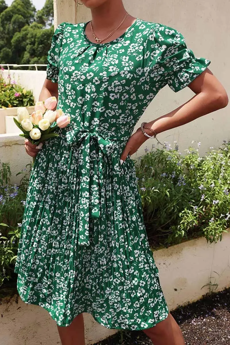 FRORAL TIED WAIST PLEATED PUFF SHOULDER DRESS