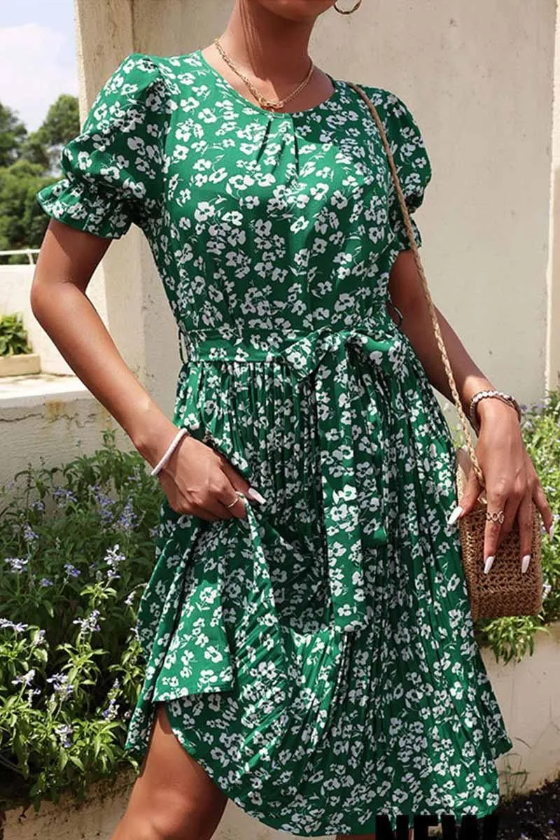 FRORAL TIED WAIST PLEATED PUFF SHOULDER DRESS