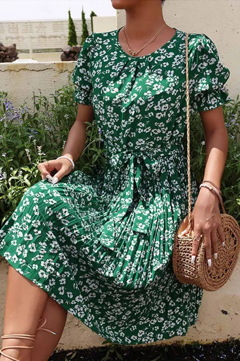 FRORAL TIED WAIST PLEATED PUFF SHOULDER DRESS