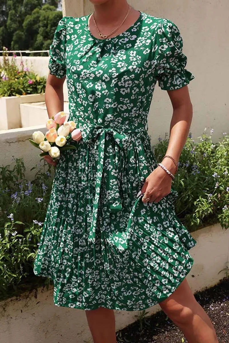 FRORAL TIED WAIST PLEATED PUFF SHOULDER DRESS