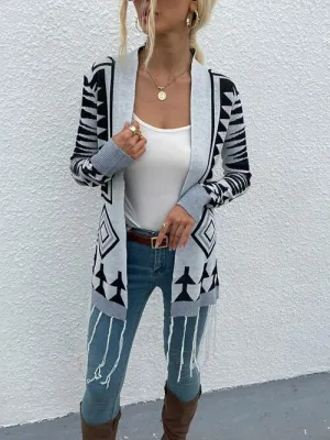 Geometric Print Cloudy Blue Fringe Cardigan