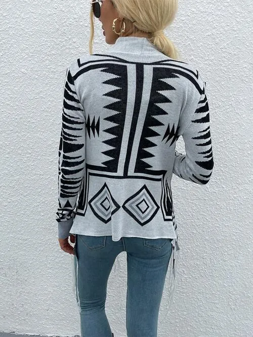 Geometric Print Cloudy Blue Fringe Cardigan