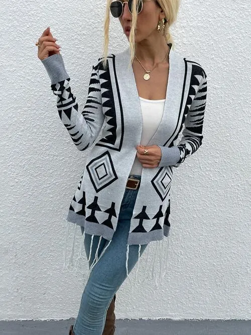 Geometric Print Cloudy Blue Fringe Cardigan